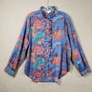 Sundance Blouse Womens Large Blue Floral Ruffle Collar Placket Button Up